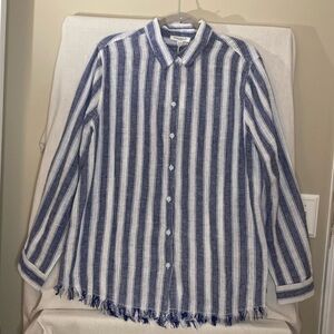 NWT beachlunchlounge stripe linen frayed hem button down shirt women size XL,